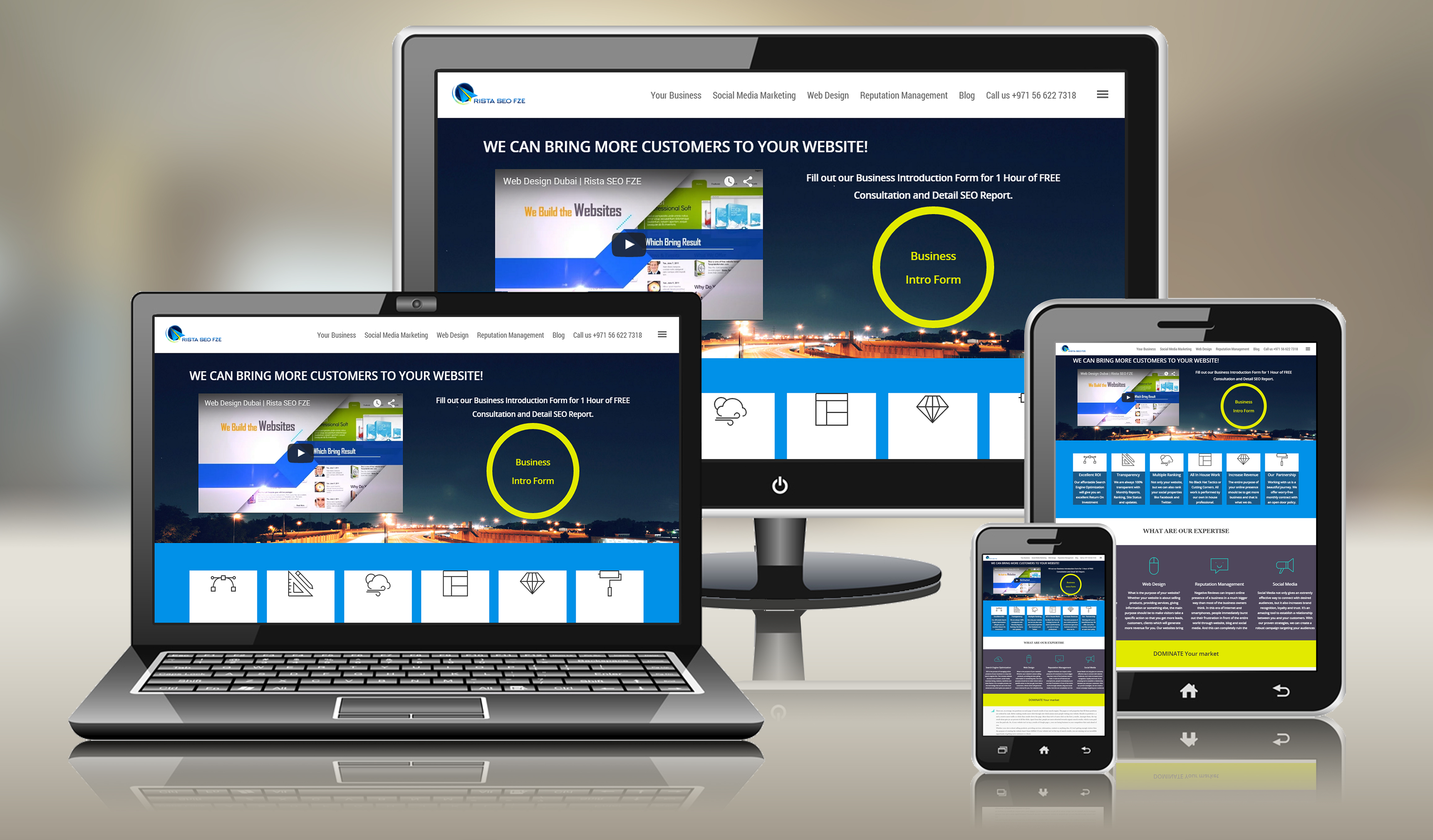 Responsive website design on multiple devices.