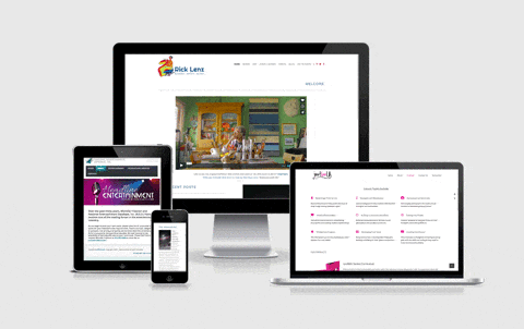 Responsive website design displayed on desktop, laptop, tablet, and phone.