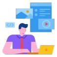 Illustration of a web developer working on a laptop.