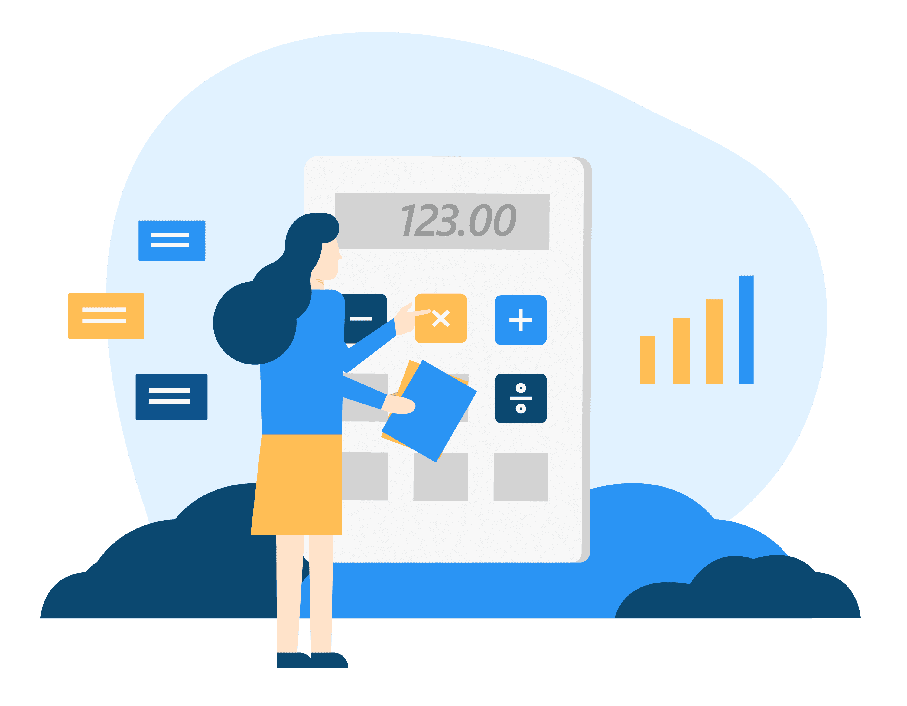 Illustration of woman using digital calculator.