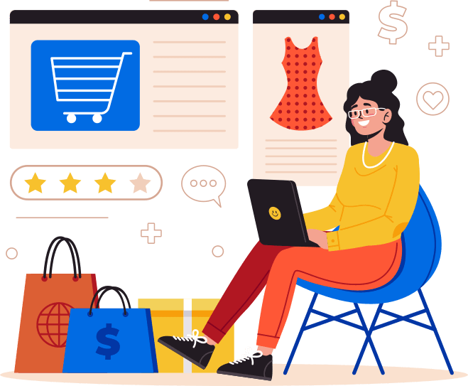 Happy woman shopping online with laptop and shopping bags.