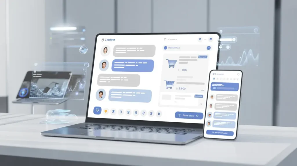 Shopify customer AI sales agent chat interface on laptop and smartphone assisting shoppers in real time.